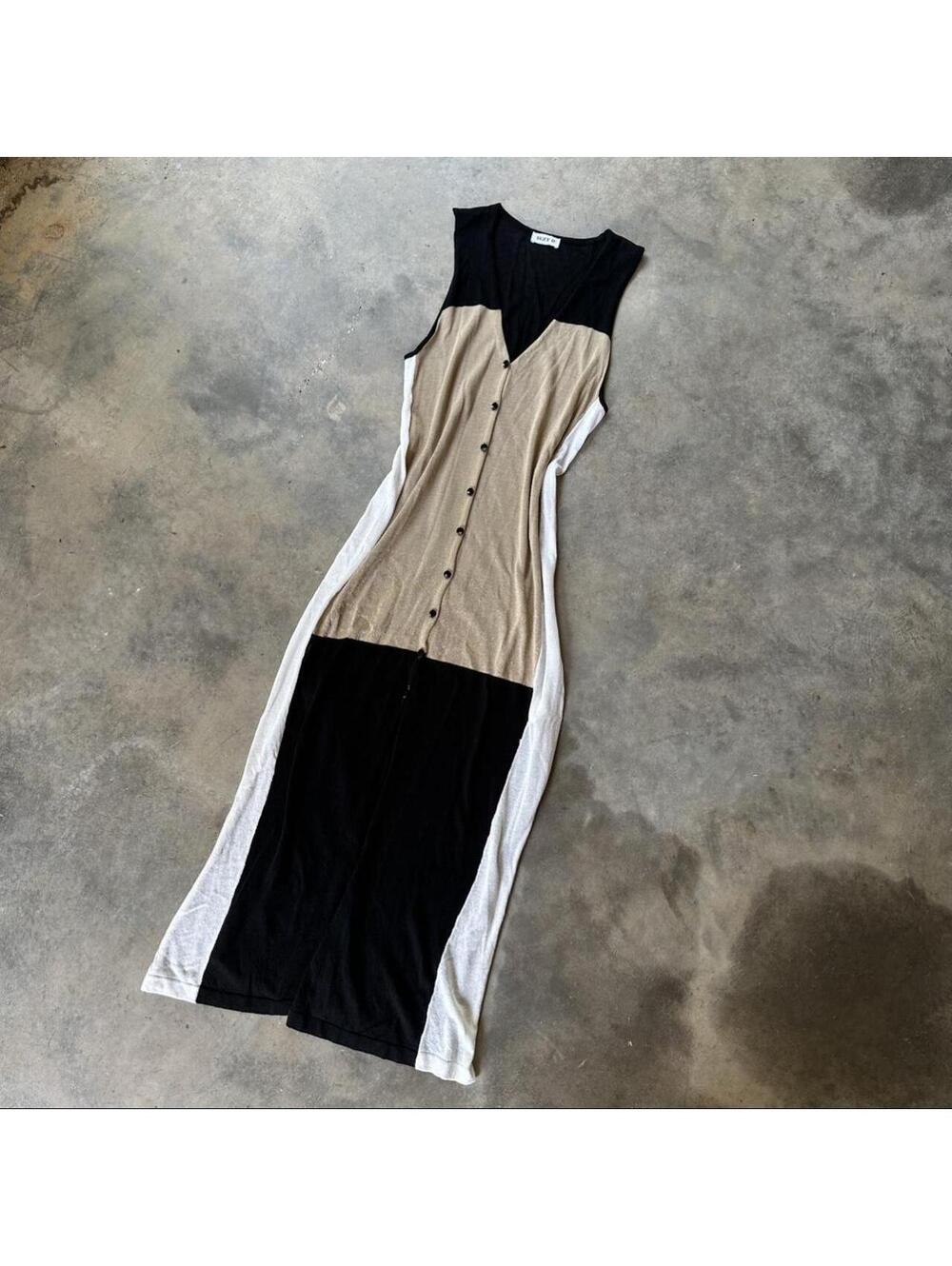 Suzy D black, beige, and white color-blocked maxi dress